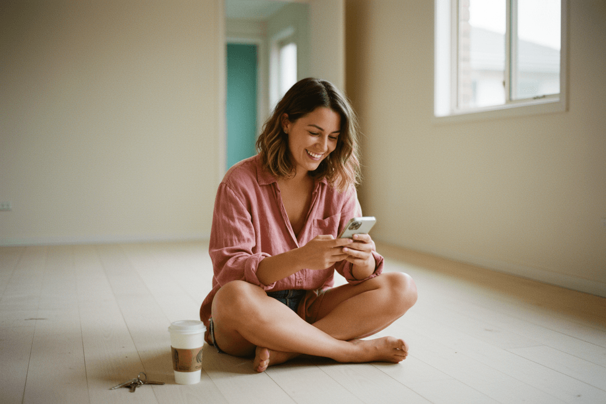 A renter sitting on the floor of an emptied apartment with her keys and a coffee