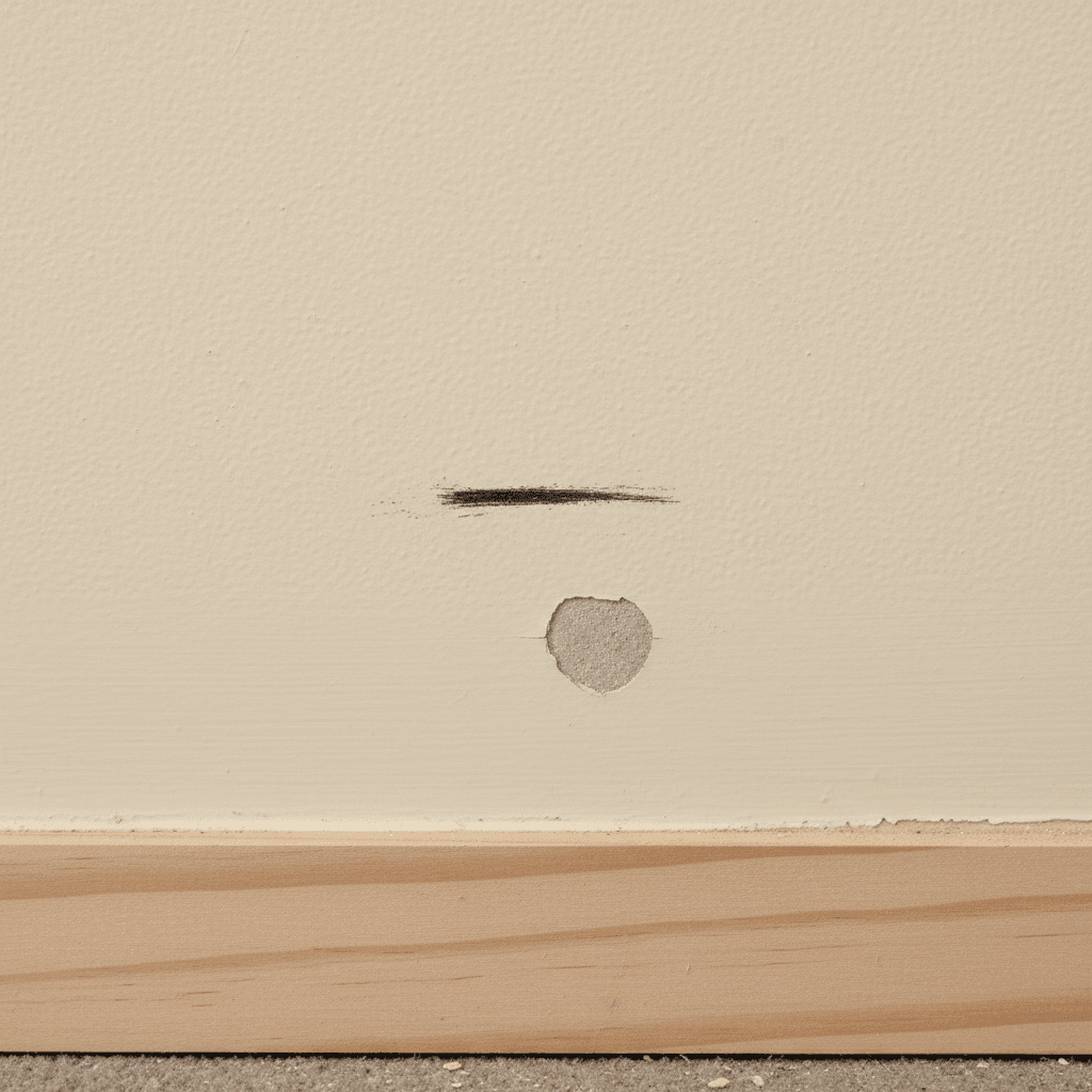 Close-up of a scuff and paint chip above a skirting board