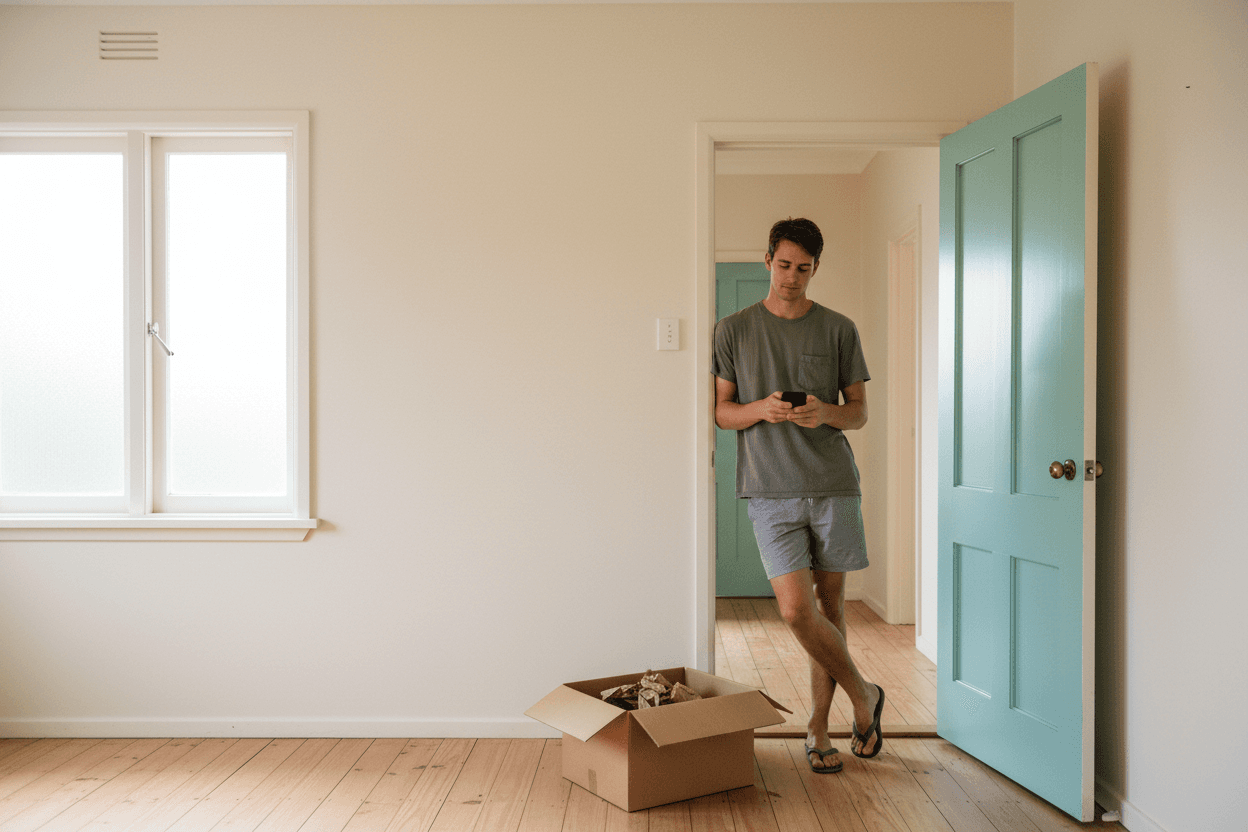A renter in an open doorway sending the report from his phone